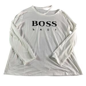 Boss Lady Graphic Top 3XL White Cutout Neck Long Sleeve Plus Size Oversized Tee
